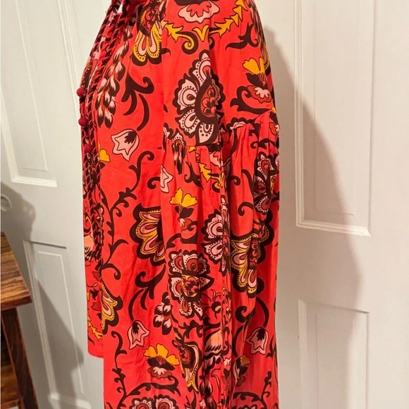 Cara Cara Luxe Bohemian Cotton Floral Red Women's PeasantTop Sz L - Picture 3 of 11